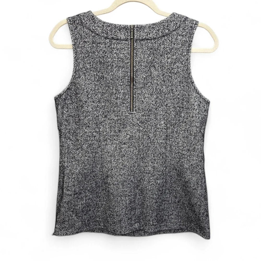 CABI CeCe Herringbone Tweed Sleeveless Shell Top Black White Zip Pockets Medium - Picture 2 of 8